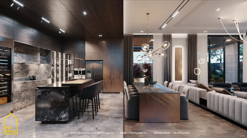 phòng khách và bếp trong villa